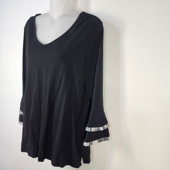Chico’s Top Women Size 1 Medium Double Layer Fringe Black 3/4 Sleeve Cottaegcore - Picture 5 of 11